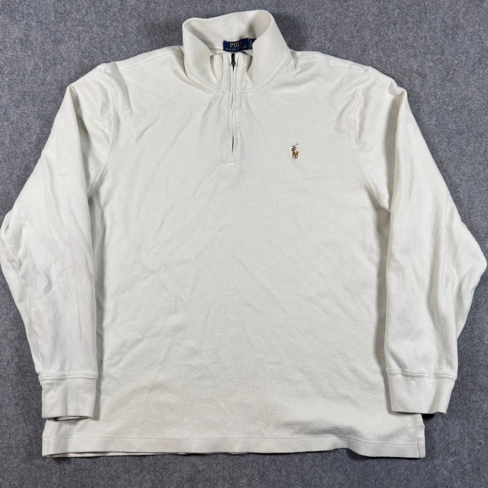 Polo Ralph Lauren Pullover Mens XL Cream Estate Rib Quarter Zip Cotton Mock Neck